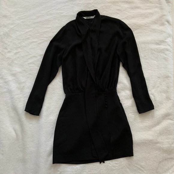 Zara Mini Dress Long Sleeve Buttons Neck Tie Black Y2K Academia Goth Size S - Picture 8 of 13